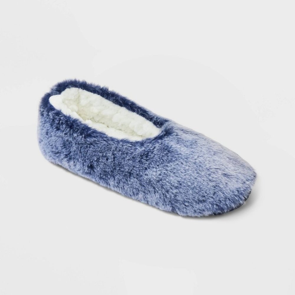 Women's Faux Fur Cozy Pull-On Slipper Socks Blue Medium Large